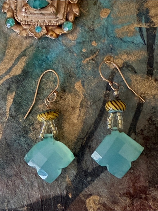 Artisan Jewelry - Chalcedony carved  seafoam blue green with Venetian glass beads pierced earrings